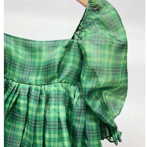 Selkie The Beth Plaid Puff Mini Dress Small Green Checks - Picture 11 of 13